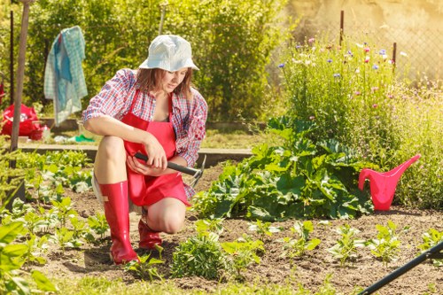 Gardeners pruning shrubs with protective gear